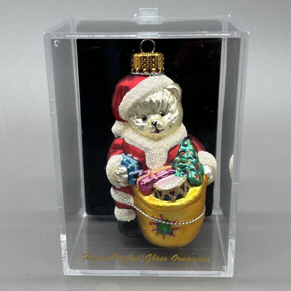 Santas Workbench Christmas Ornament Hand Crafted Glass Santa Bear w/Bag of Gifts - Picture 1 of 8